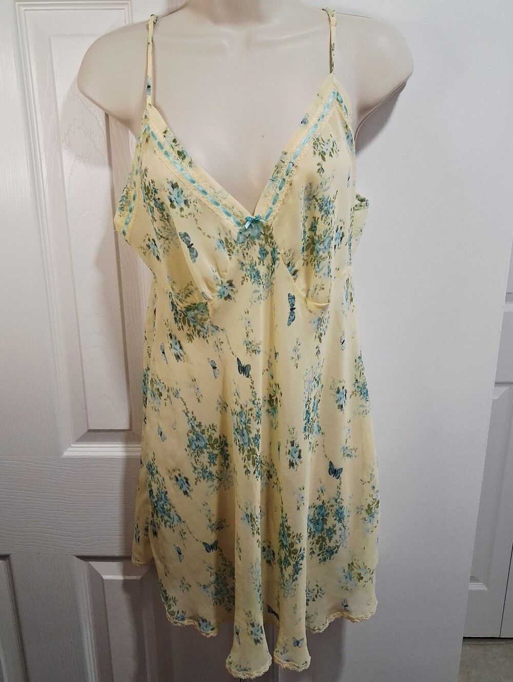 Secret Treasures Vintage Yellow Slip Dress with Blue Accents Butterfly